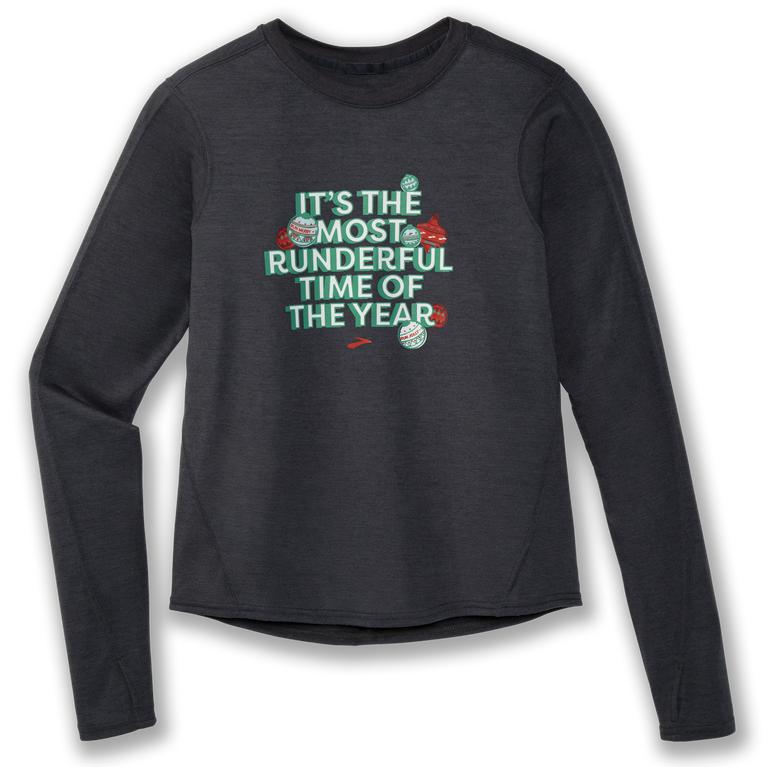 Brooks Run Merry Run Dist. Graphic LS Women's Long Sleeve Running Shirt - Heather Asphalt/Runderful/